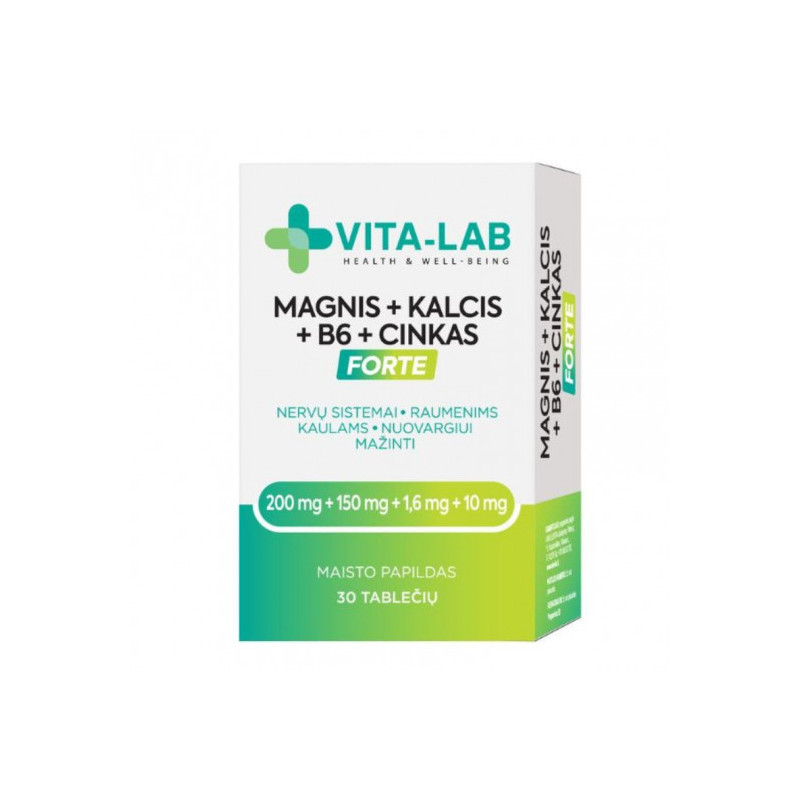 Komplex vitamín doplnok stravy Horčík + Vápnik + B6 + Zinok FORTE, 30 tab. - VITA-LAB